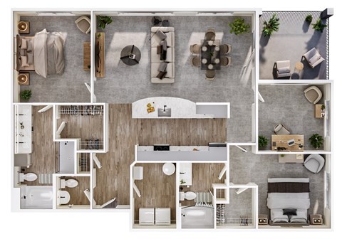 A top-down view of a house layout with a kitchen, living room, dining room, and bedrooms.